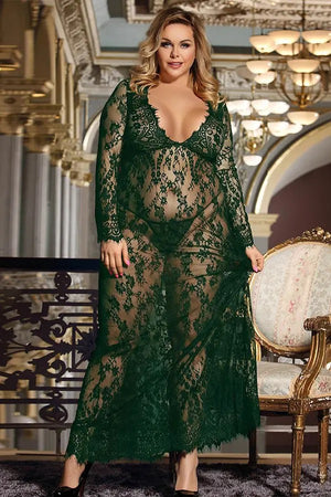 Plus Size Green Lace Long Nightgown with Matching G-String