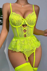Neon Green Heart Lace and Mesh Cutout Teddy