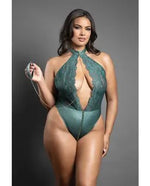 Domina Lace Halter Teddy w/Zipper Detail & Detachable Chain-Link Leash - Green