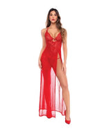 Dotted Lace & Mesh Maxi Dress w/High Side Slit & Thong - Red