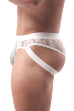 Men's White Lace Briefs with Sheer Mesh