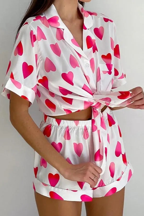 Heart Print Satin PJ Set