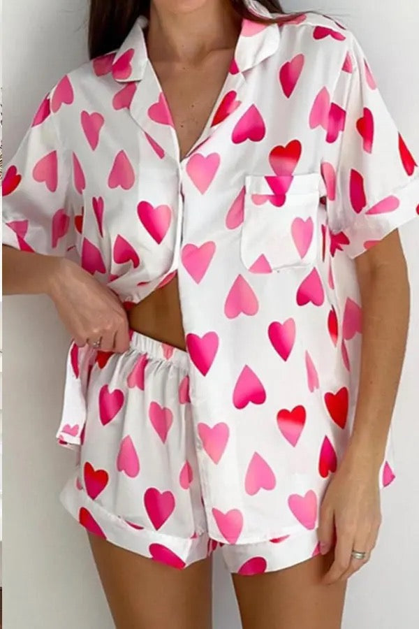 Heart Print Satin PJ Set